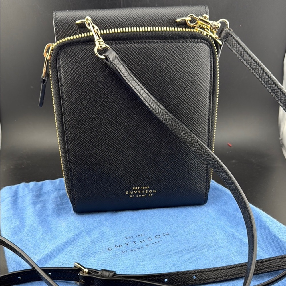Smythson Black Leather Crossbody Bag